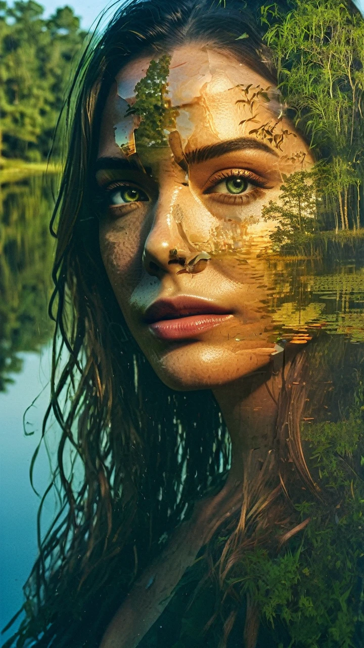 (Double exposure:1.3), effect of a women's face superimposed on a pond, evening light, ultra detailed, fully nature, dence forest, golden evening