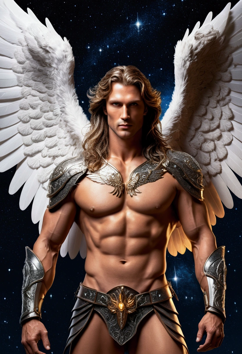 realistic angel masculine and rustic man with a sexy body, highlighting his large genital organ in his warrior armor long hair penetrating eyes long and open wings floating over the starry sky