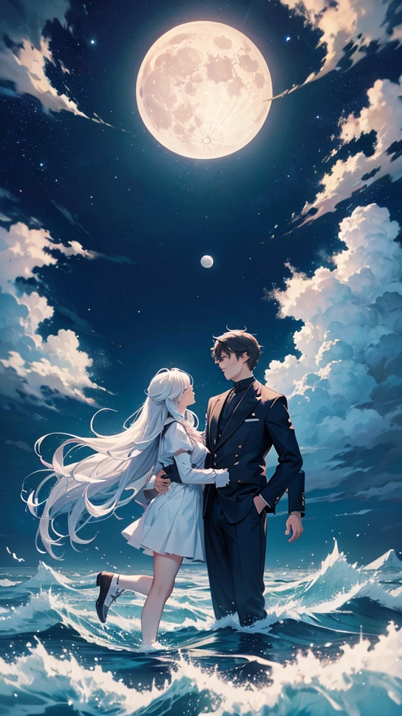 A majestic sea of clouds. The moon in the night sky. A man and a woman float in the air.