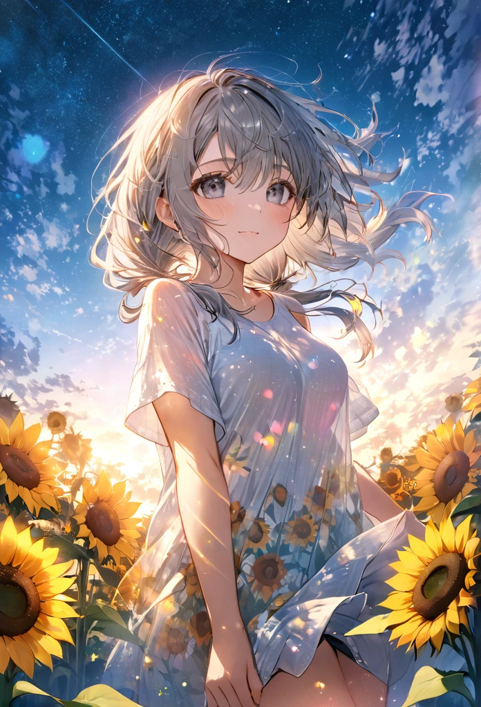 Highest quality masterpiece High resolution Masterpiece Gray Eyes Low twin tails、casual summer outfit 、flowerpunk、Summer sunflowers、Sparkling light particles、Vivid gradient effect