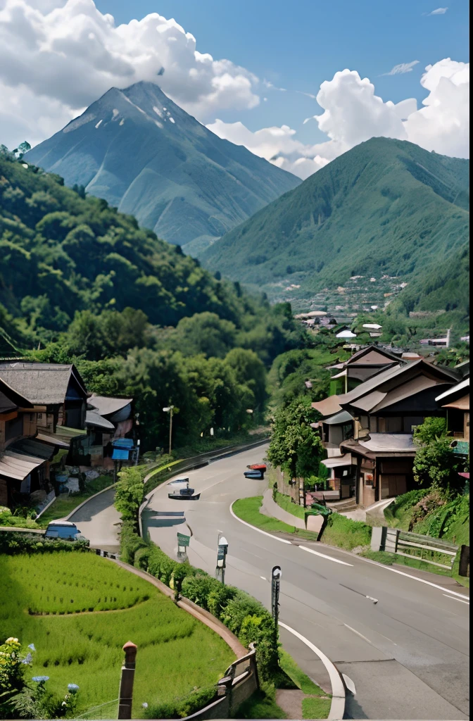 3D cartoon image. view of bustling village on the road. and lots of housing. daytime atmosphere. and trees. rice fields. there is a mountain. winding road. clean clouds