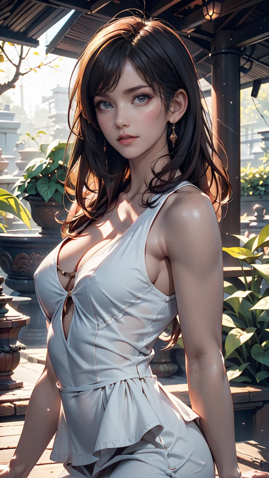 short hair, mmmm, (Sharp focus:1.2), photograph, Attractive Young Woman, (Beautiful Face:1.1), Detailed eyes, Seductive lips, (Bold red lip color:0.85), (Medium chest:1.0), (The body is slim:1.2), (Long Hair:1.2), wear (1980s Peplum Dress:1.2) in (botanical garden:1.2). (Moody lighting:1.2), Depth of written boundary, Bokeh, 4K, High resolution. by (James C. Christensen:1.2|Jeremy Lipking:1.1).