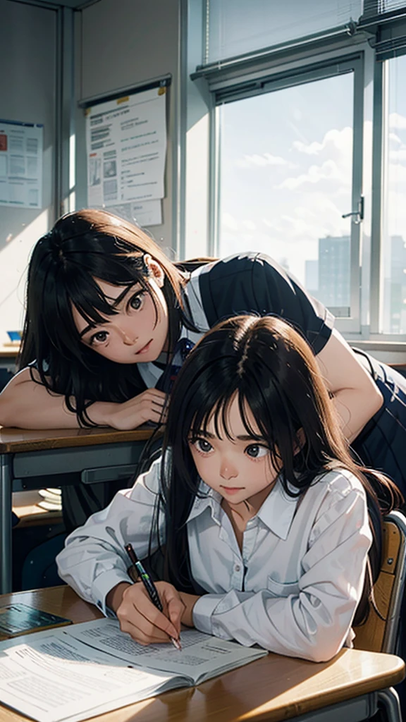 a young couple in a school classroom, studying at a desk, morning sunlight streaming through windows, 
