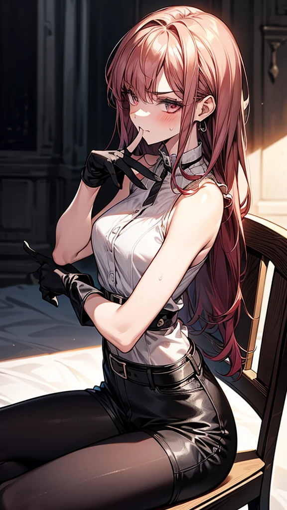 {{masterpiece}}, {{{Highest quality}}},{{Very detailed}},1girl,30years old,{Mature Woman}},Cowboy Shot,from side,{{skinny}},{{Female Fighter}},{{Shorts:1.4}},{{Sit on a chair and take a rest}},Slim body,{{Slender body}}、loose sleeveless shirt、Shorts belt Black pantyhose Black tights, black fingerless gloves Red Hair ruins,,{{v-shaped eyebrows}},Bad mood,blush、Sweat, View your viewers、