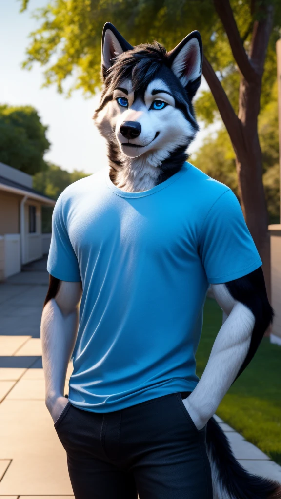 Sexy Posing, male, 30 years old, cute, eyeliner, short black hair, biting lip smile, blue shirt, bedroom eyes, anthro, dog ears,husky dog, front yard background, 8k, hi res, (best quality, masterpiece), blue eyes, standing, husky tail, black jeans