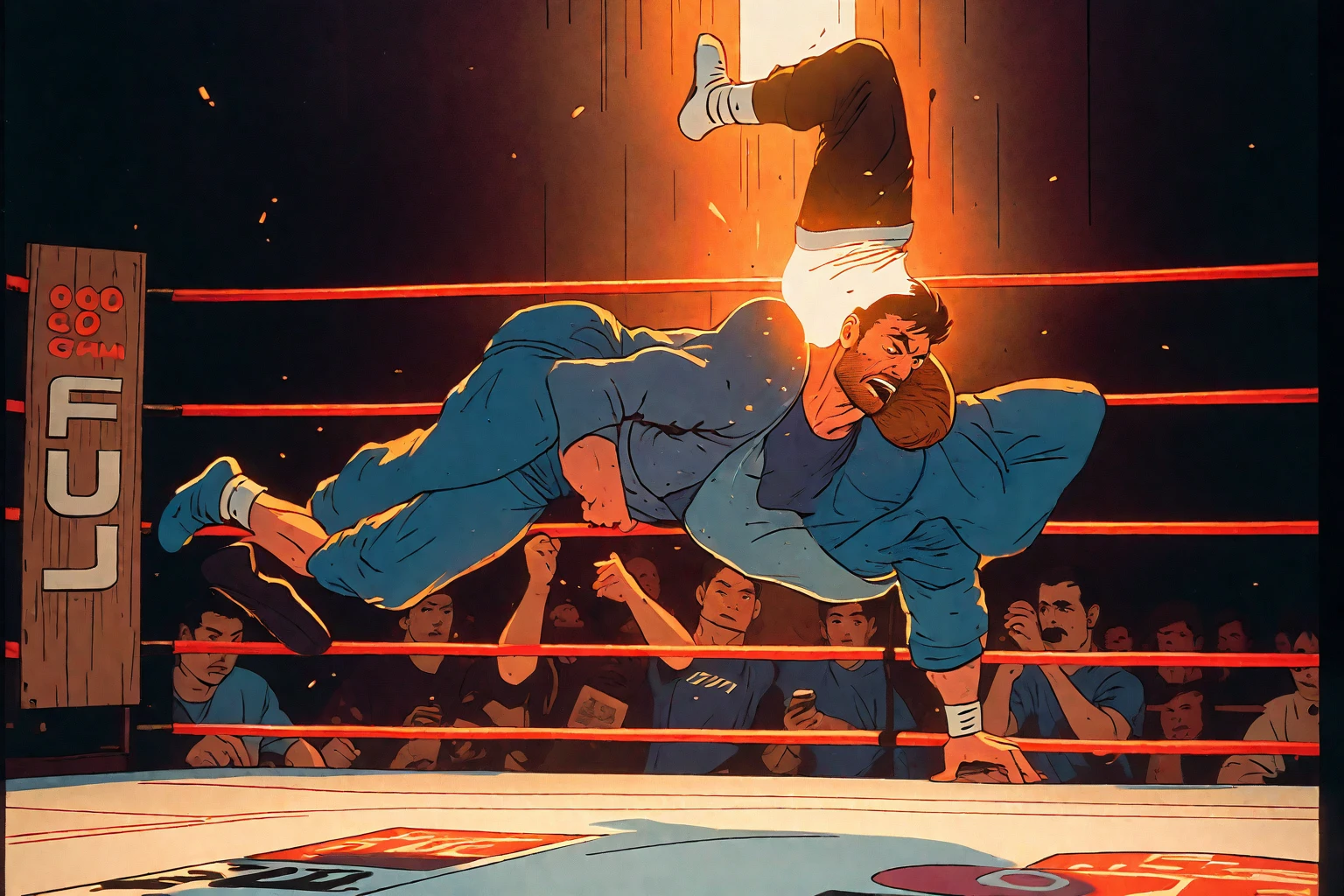 line drawing, minimal, sketch, wood palette color tones, warm wooden coloring, rich wooden color grading, natural sunlight, dim candlelight, low level neon glow hum, sports photography, mid-air, throw, mixed martial arts, Pride FC, dim glow, dazzling, minimal, serene, perfect, strange, candid, cinematic, surreal, and timeless. 90s comic aesthetics, expressive ink work, cinematic compositions, and nuanced details, uv light face mask, VHS, glitch, distorted, nostalgia, 90's retro vibes, analog tape, vcr aesthetics, tv, television, 1990's cartoon homage), comic 1990's, animated tv show screengrab, cinematic poster, image within image, multiple exposure, massive scale, rich color grading for shading depth, hand drawn rotoscope cartoon realism, chiaroscuro lighting, mixed media, vintage comic, retro original design, 1990's comic, sense of movement energy, rich color grading, sense of depth, shading and shadows splash page comic, 90's action cinematic