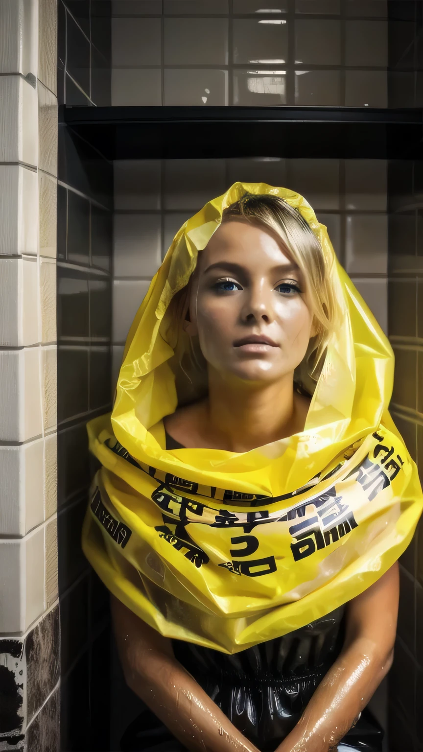 a stunningly beautiful blonde woman wearing a smock made of dirty crumpled black plastic trash bags printed with biohazard symbols, she is used as a toilet, her face is dirty filthy and wet, her hair is wet, she is wrapped with caution-tape restraining her, she has a bag over her head, her mouth is open, inside bathroom, bright day, highly detailed masterpiece 