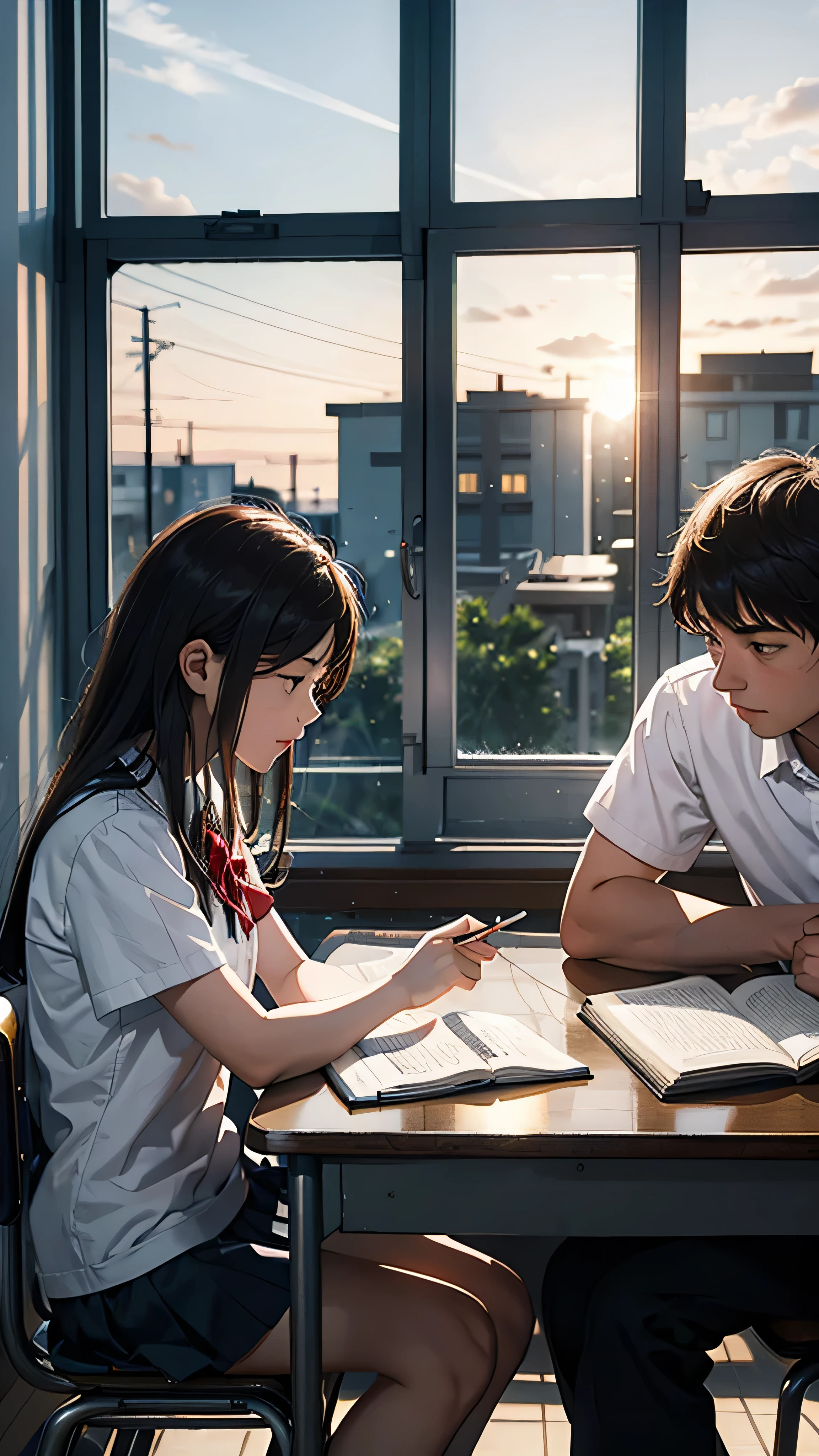 a young couple in a school classroom, studying at a desk, morning sunlight streaming through windows, 
