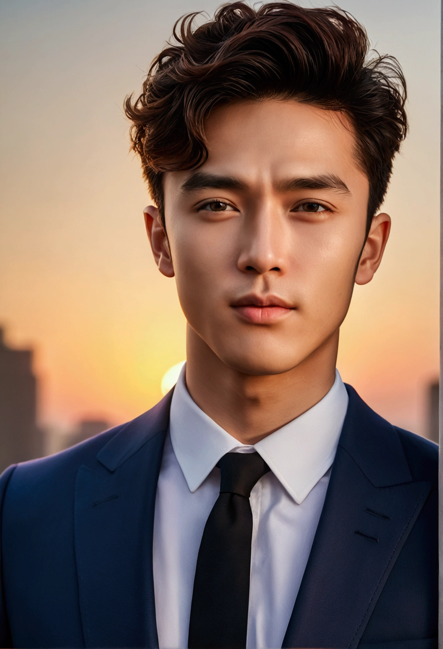 Highest quality, masterpiece, Ultra-high resolution, (Realistic: 1.4), Original photo, wallpaper, Head Photo, skin, Simple Background, iris, detailed, Selfie, 1 boy, 30 years old, good looking, Wind,suit、sunset