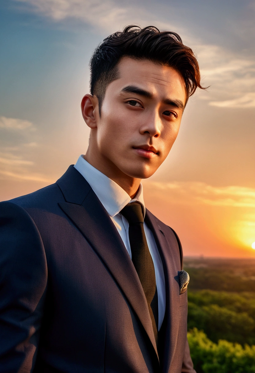 Highest quality, masterpiece, Ultra-high resolution, (Realistic: 1.4), Original photo, wallpaper, Head Photo, skin, Simple Background, iris, detailed, Selfie, 1 boy, 30 years old, good looking, Wind,suit、sunset