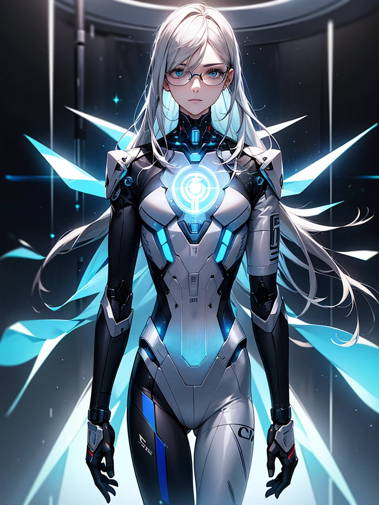 A humanoid AI with an intellectual and composed demeanor, wearing a sleek, tailored suit in deep blue or gray with futuristic accents. The suit features subtle cybernetic details and shiny materials. The AI has neatly styled platinum blonde or silver hair and piercing blue or green eyes with faint digital patterns. Accessories include minimalist earphones and refined glasses. A small holographic display projects data from the AI's back. The setting is a high-tech digital library, with shelves of books and floating data screens. The AI is depicted in a contemplative stance, either flipping through a book or interacting with a data screen.
