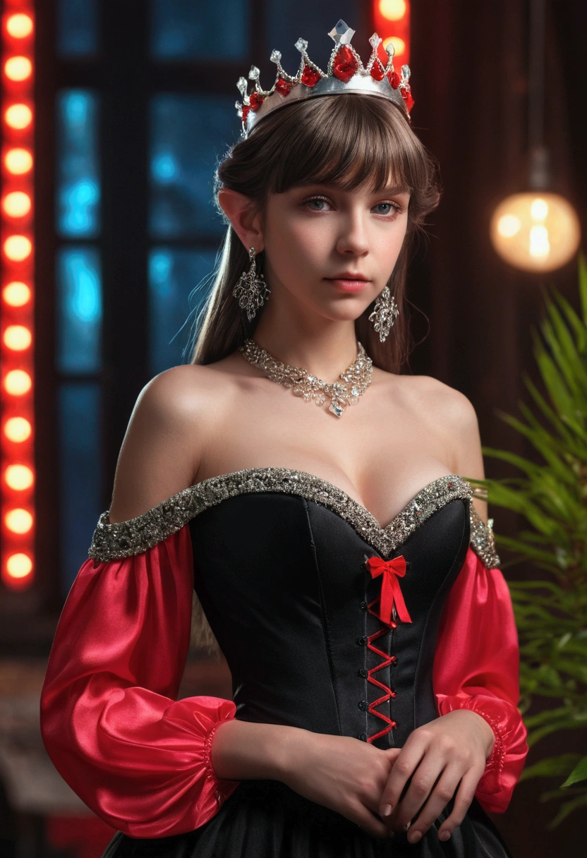 masterpiece,best quality,realistic,highres,Highly detailed,blurry background,1girl,((portrait)),close-up,bangs,elf,elf ear,crystal earrings,((crown)),crystal crown,(black dress),(juliet sleeves),corset,red_bow,collar,((night)),fluorescent plant,neon lights, nude full body sex with boy nude