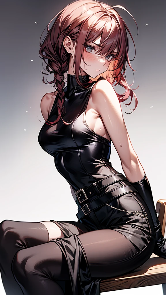 {{masterpiece}}, {{{Highest quality}}},{{Very detailed}},1girl,30years old,{Mature Woman}},Cowboy Shot,from side,{{skinny}},{{Female Fighter}},{{Shorts:1.4}},{{Sit on a chair and take a rest}},Slim body,{{Slender body}}、loose sleeveless shirt、Shorts belt Black pantyhose Black tights, black fingerless gloves Red Hair ruins,,{{v-shaped eyebrows}},Bad mood,blush、Sweat, View your viewers、