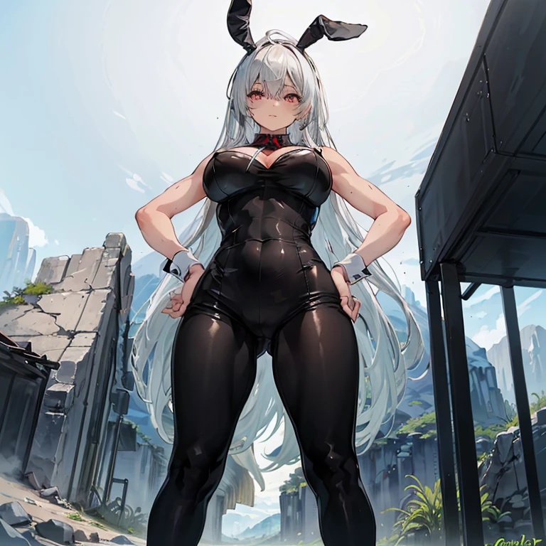 (8k, Realistic, RAW Photos, Highest quality, (from below:2), View your viewers: 1.3), (Fox Girl, Fox Ears, Silver Hair, One Girl, Long Hair, (Alone on the screen, dark skin), High definition:1.6), (Black and red outfit, Sexy Bunny Outfit:1.8), (Body measurements are 99-55-77!, Nice body, Big Breasts, slender, muscle, (Proudly, I can see the valley, Standing posture, Place your hands on your hips):1.9),(美しいface, Delicate drawing, It is written down in detail), Avatar, face, 色っぽいface, Dominant representation, naughty face, Uplifting, Skin Texture, outside, ruins, Ruined City, Broken Building, There are no people