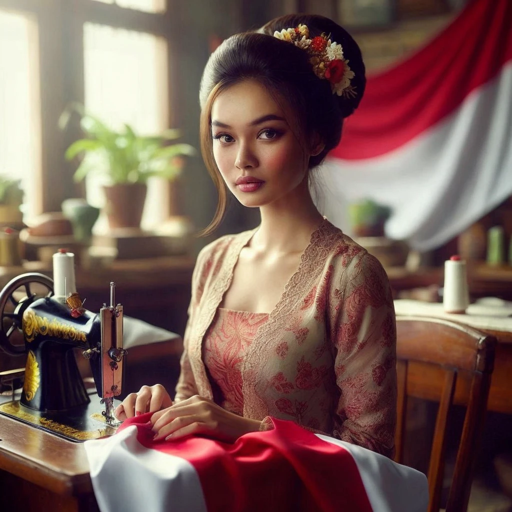 Create a picture of a beautiful Indonesian woman with a perfect round face without any flaws. Hair in a bun. Realistic skin. Sitting in front of a sewing machine with a cloth draped over the table and the person's lap. The cloth should be red and white, resembling a flag. The setting is indoors with a vintage feel, natural light coming in through the window, and there is an Indonesian flag visible in the background. The person is wearing traditional kebaya and Javanese jarik