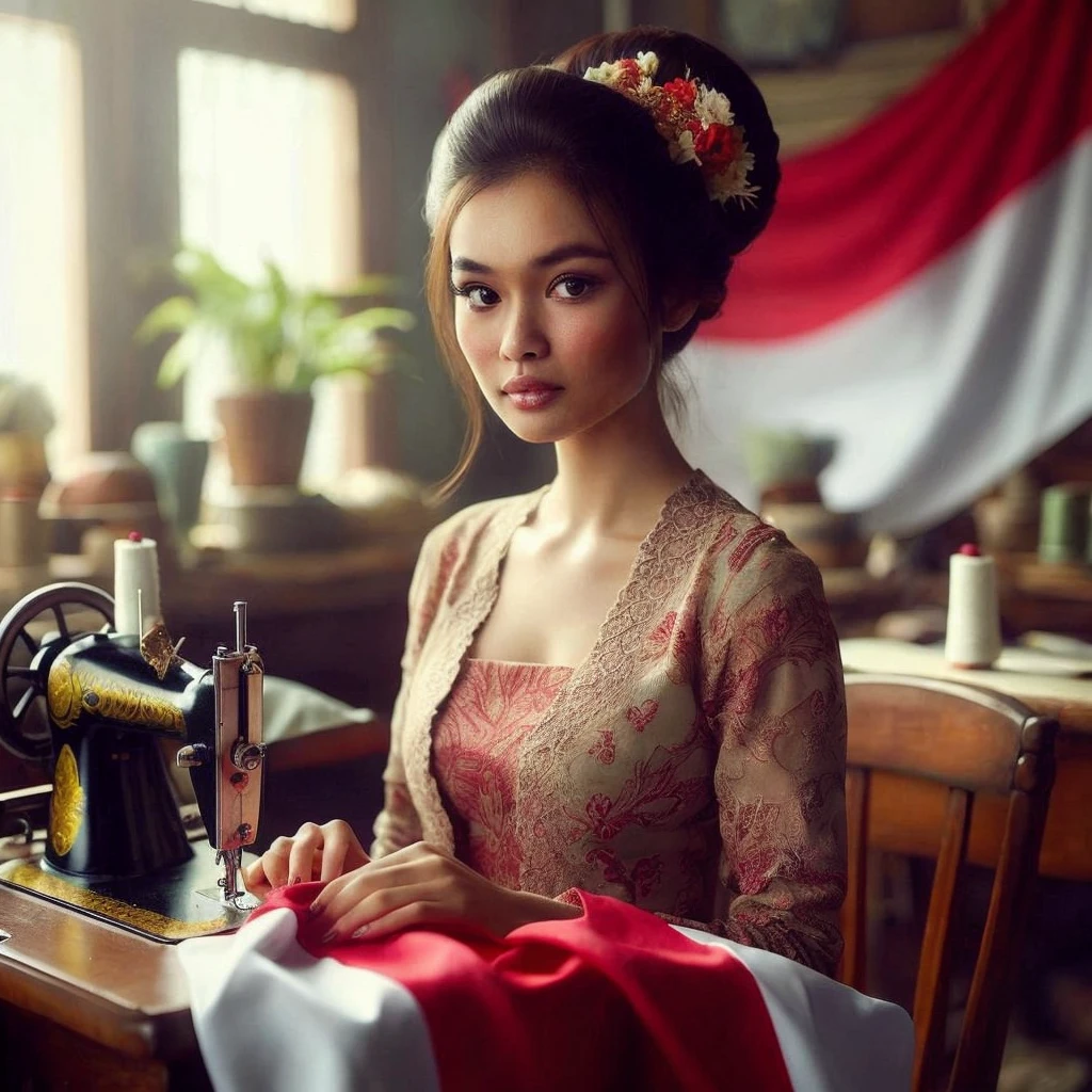 Create a picture of a beautiful Indonesian woman with a perfect round face without any flaws. Hair in a bun. Realistic skin. Sitting in front of a sewing machine with a cloth draped over the table and the person's lap. The cloth should be red and white, resembling a flag. The setting is indoors with a vintage feel, natural light coming in through the window, and there is an Indonesian flag visible in the background. The person is wearing traditional kebaya and Javanese jarik 
