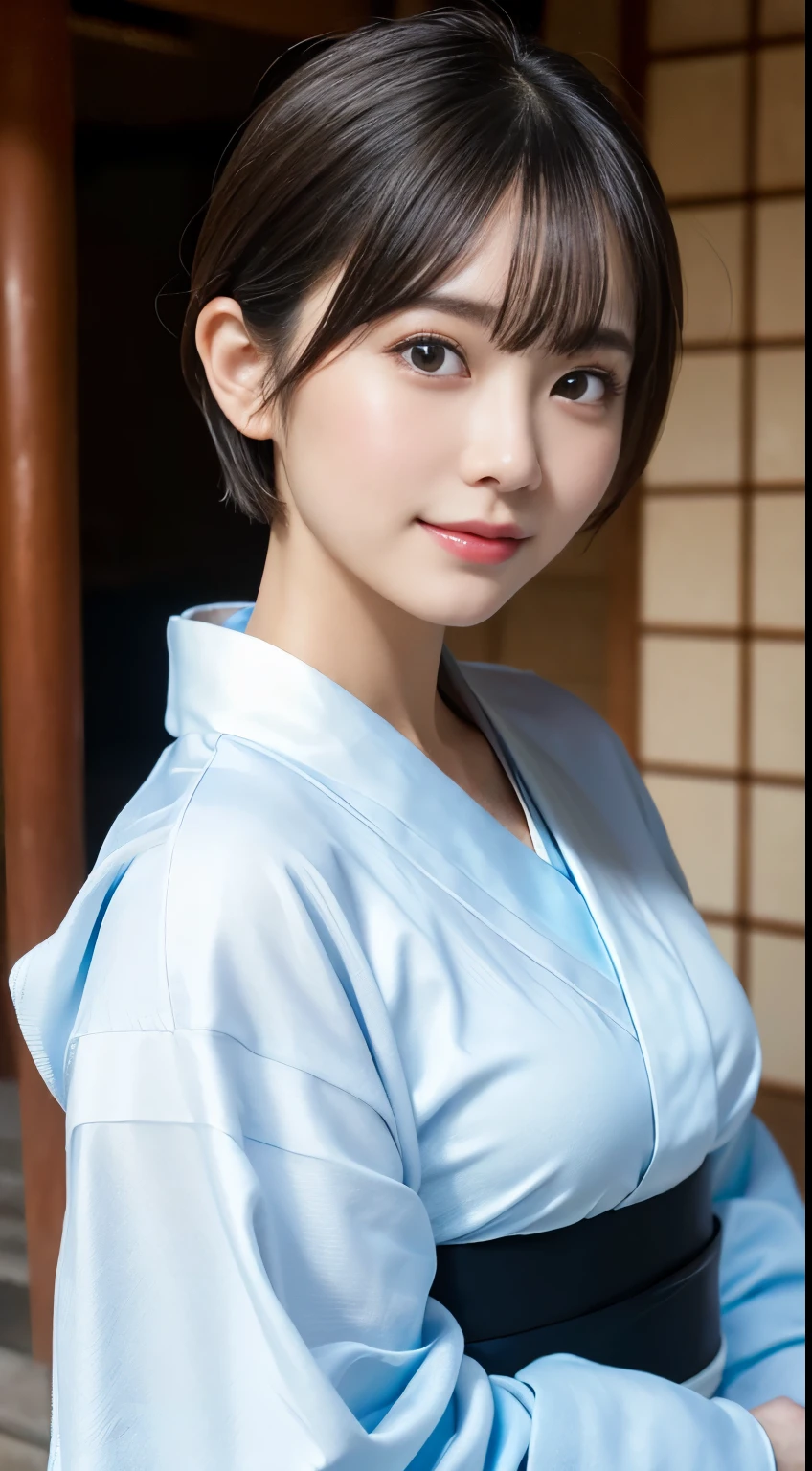 (8k、Raw photo、Highest quality、masterpiece:1.2)、(Real、Realistic:1.37)、Ultra HD、1 girl、cute、solo、Big Breasty skin is shiny with sweat、Big Breastsの谷間を強調、Cleavageに流れる汗、、sit、Date、(smile:1.1)、(Close-up)、huge、Beautiful Eyes、(short hair:1.2)、(((kimono、yukata)))、Cleavage、Perfect body、Perfect Fingers、Japanese Goddess、gravure、Detailed face and skin texture、Detailed eyes、Raw photo
