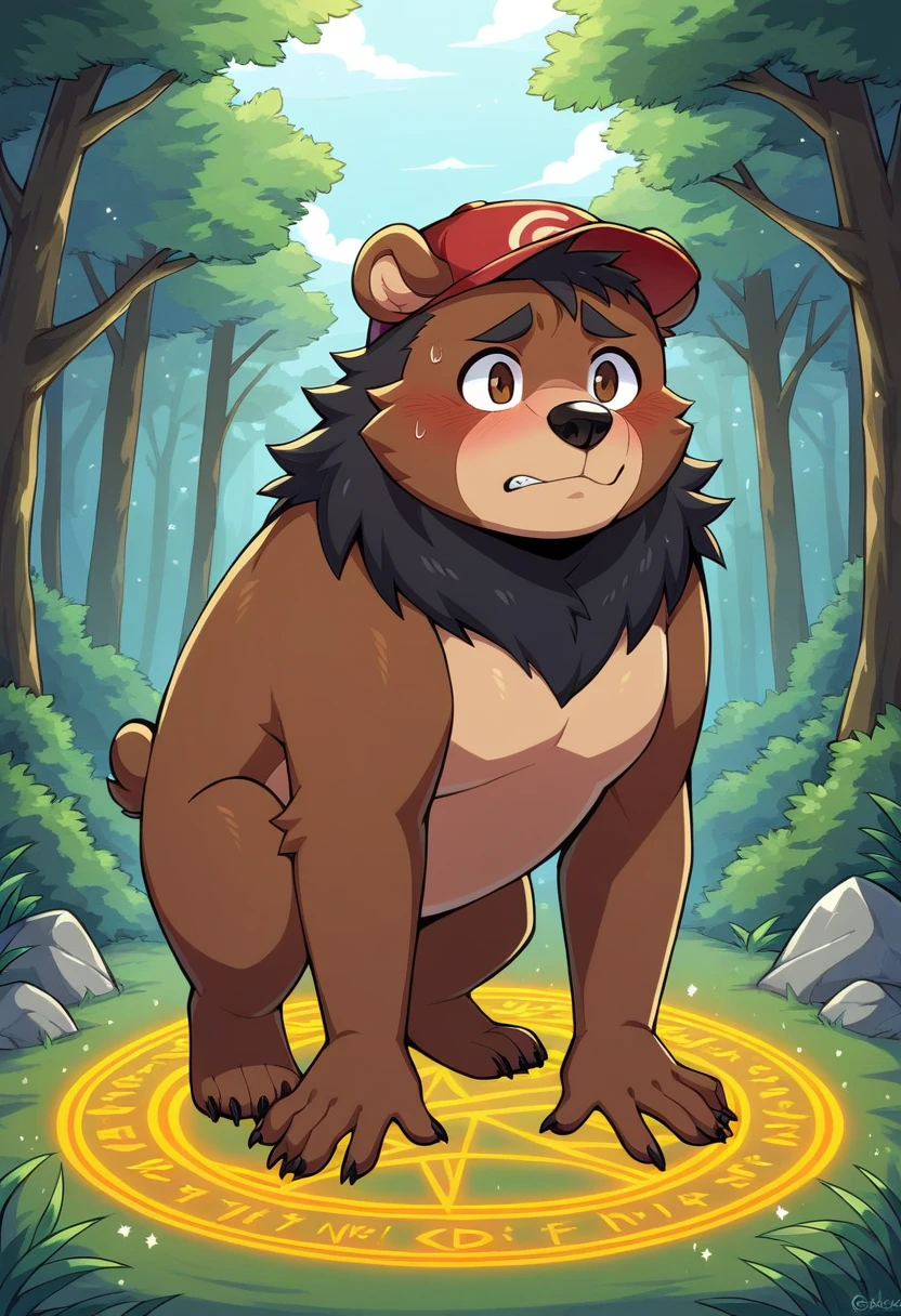 a man get transformed into female bear, eyelashes, bear breast , red baseball cap, solo, surpriced, blushed, naked, nsfw, ecchi, long hair, black hair, brown eyes, full body, in a magic forest, glitter, embarrassed pose, magic circle on the floor.  bear pussy