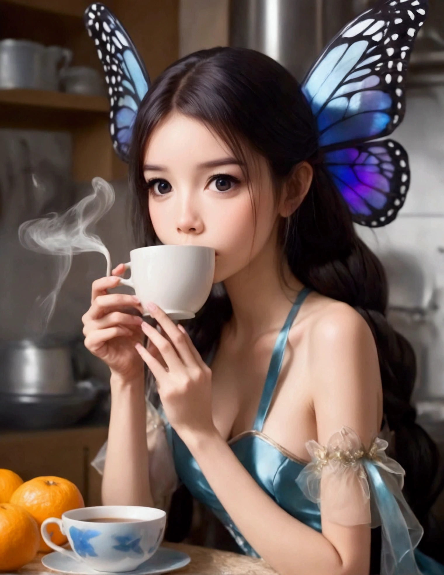 A cute fairy (crystalline butterfly wings, prismatic hair, large eyes, spider silk gown) is in the kitchen, she is taking a sip of coffee from a steaming hot cup, mischief in kitchen