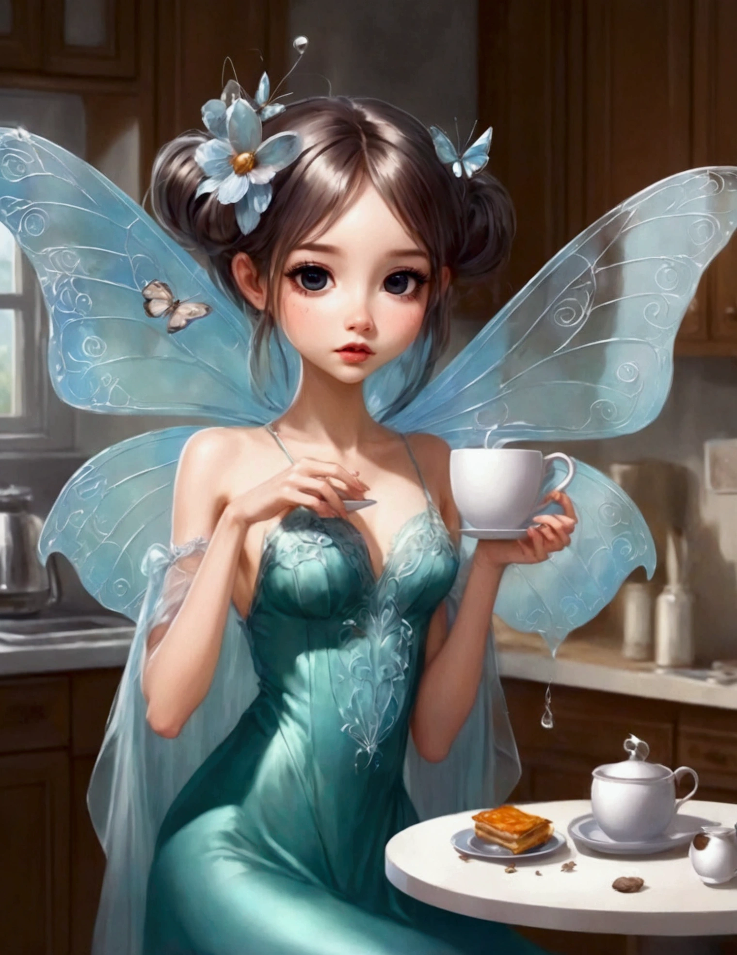 A cute fairy (crystalline butterfly wings, prismatic hair, large eyes, spider silk gown) is in the kitchen, she is taking a sip of coffee from a steaming hot cup, mischief in kitchen