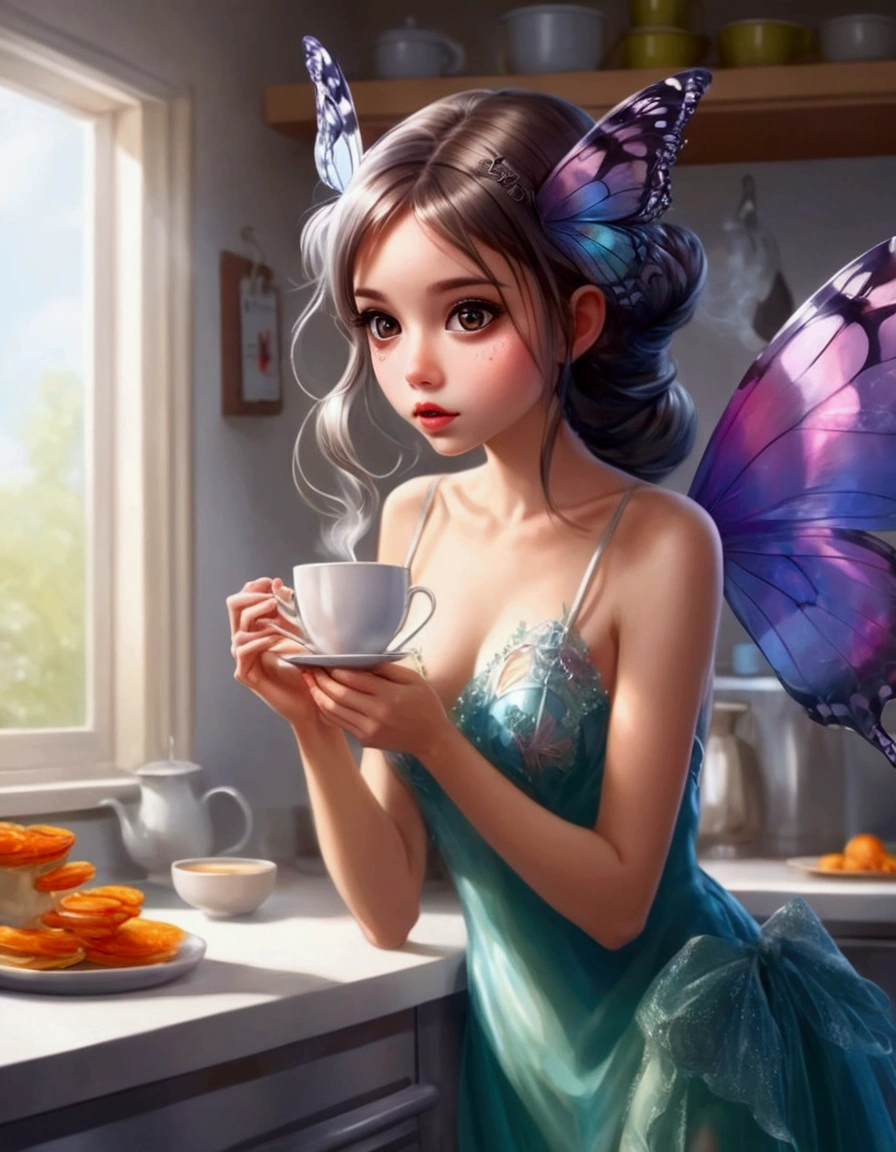 A cute fairy (crystalline butterfly wings, prismatic hair, large eyes, spider silk gown) is in the kitchen, she is taking a sip of coffee from a steaming hot cup, mischief in kitchen