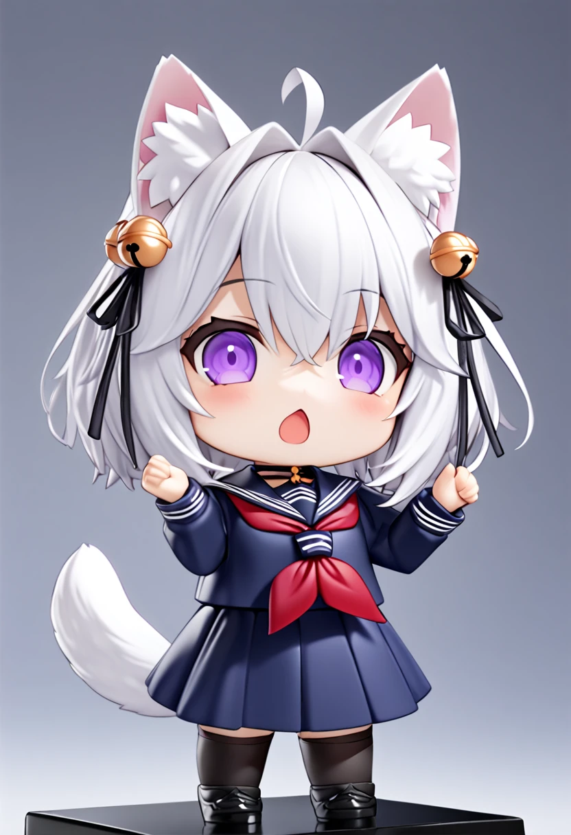 master piece, best quality, ultra-detailed, illustration, 1girl, solo, chibi, (big head), cute pose, Filiansailor, white hair, short hair, cat ears, ahoge, purple hairclip, hair bell, purple eyes, open mouth, fluffy tail, serafuku, red neckerchief, blue skirt, black stockings, black shoes, nendoroid, ((simple white background)), 