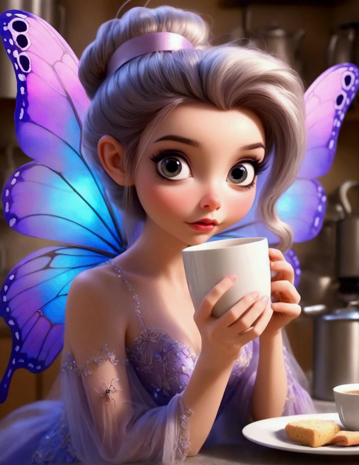 A cute fairy (crystalline butterfly wings, prismatic hair, large eyes, spider silk gown) is in the kitchen, she is taking a sip of coffee from a steaming hot cup, mischief in kitchen
