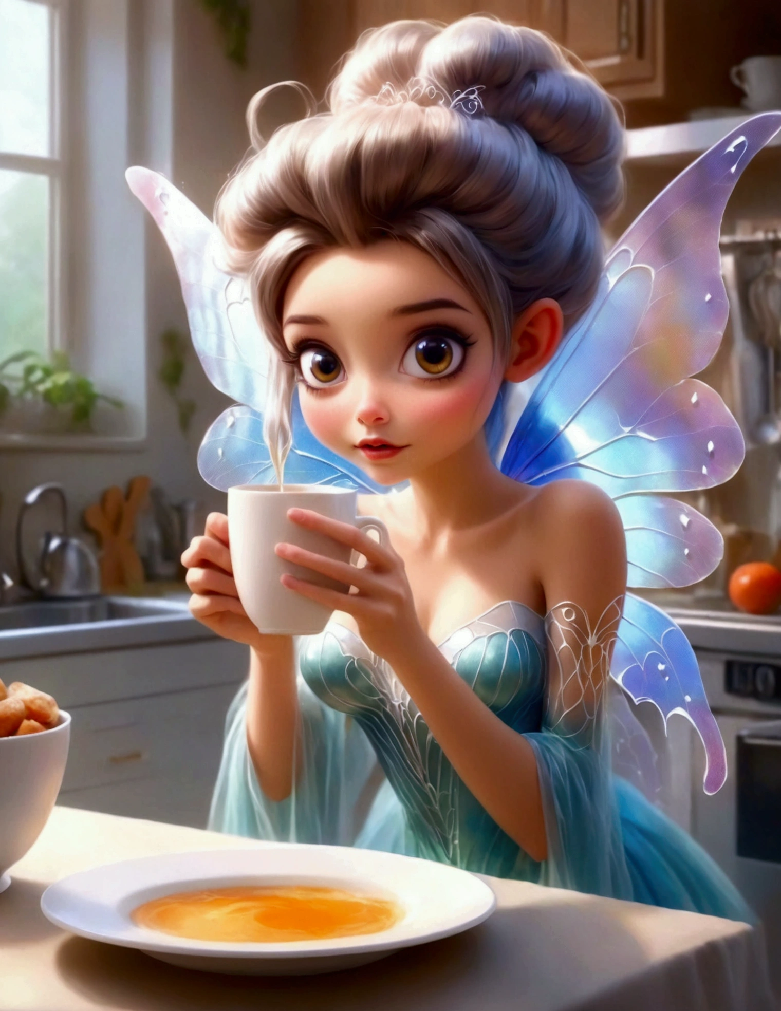 A cute fairy (crystalline butterfly wings, prismatic hair, large eyes, spider silk gown) is in the kitchen, she is taking a sip of coffee from a steaming hot cup, mischief in kitchen