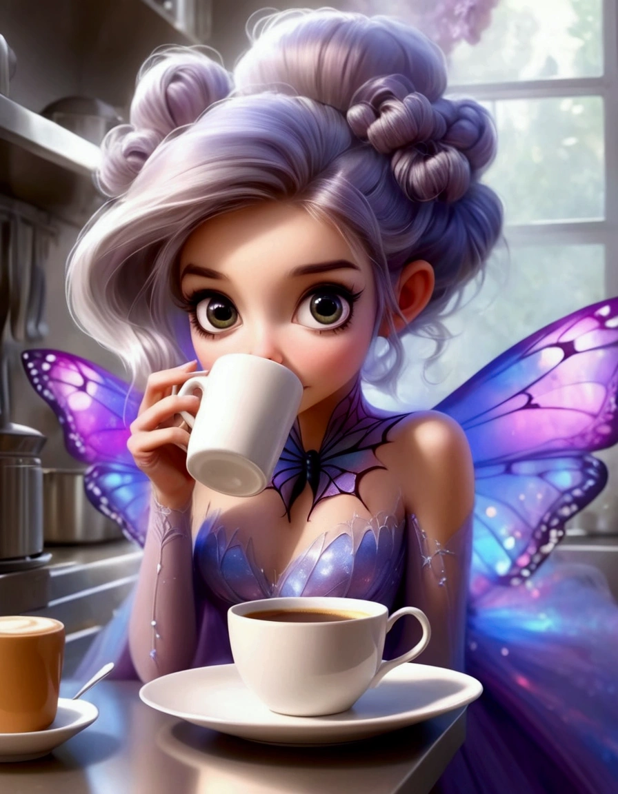 A cute fairy (crystalline butterfly wings, prismatic hair, large eyes, spider silk gown) is in the kitchen, she is taking a sip of coffee from a steaming hot cup, mischief in kitchen
