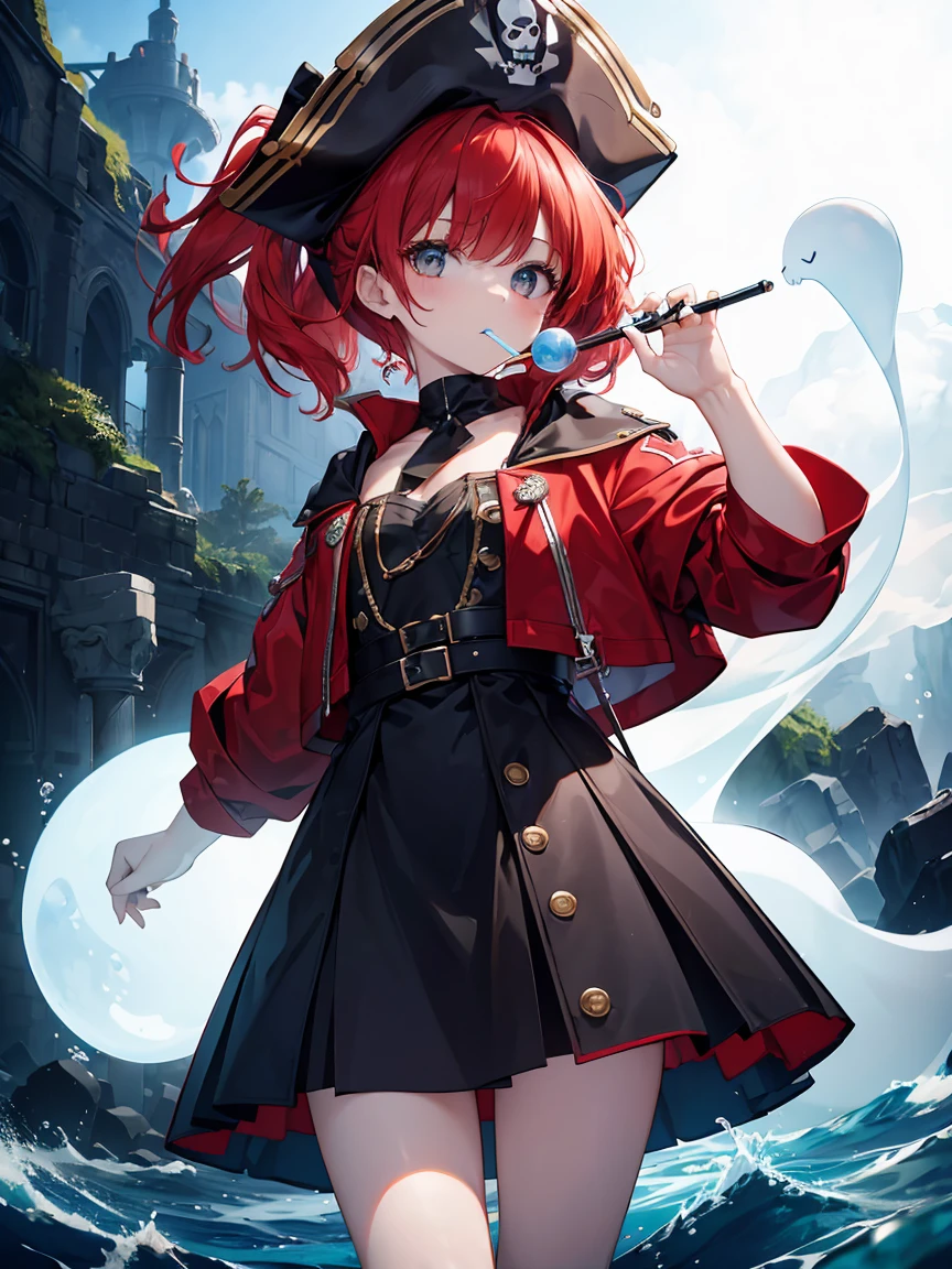 (high resolution) , (best qualityer),(4 k image),(detailedeyes),(body detailed). (1 ghost girl, big red hair),(very small chest), dressed as a classic pirate captain,( black and red pirate clothes),with a lollipop in your mouth, with a small alien on her shoulder,She is holding a magic water ball,entire body visible,standing (sample body), at the bottom of the ocean