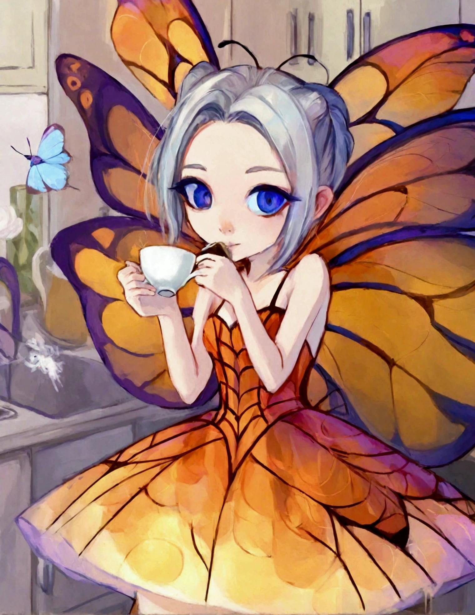 A cute fairy (crystalline butterfly wings, prismatic hair, large eyes, spider silk gown) is in the kitchen, she is taking a sip of coffee from a steaming hot cup, mischief in kitchen