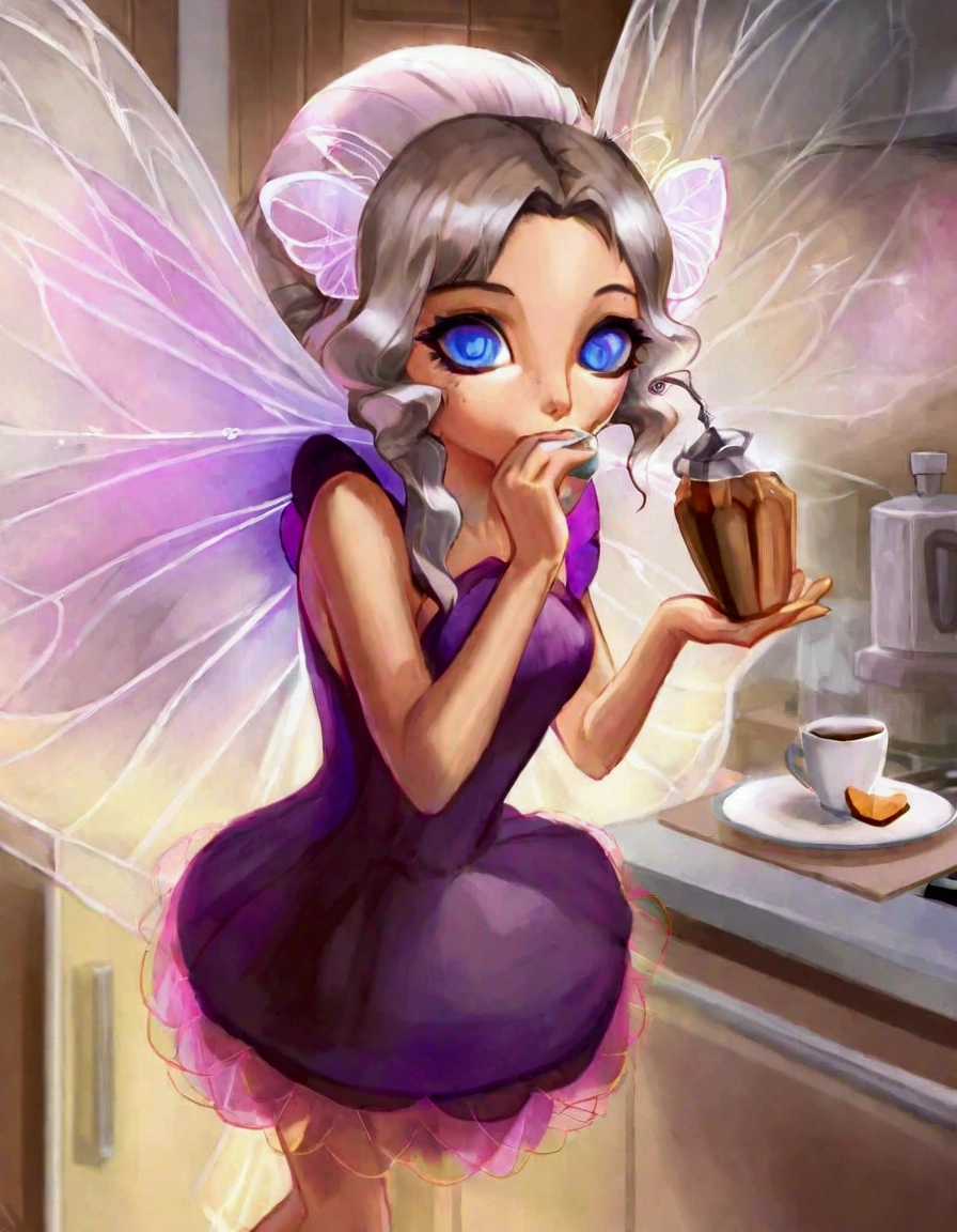 A cute fairy (crystalline butterfly wings, prismatic hair, large eyes, spider silk gown) is in the kitchen, she is taking a sip of coffee from a steaming hot cup, mischief in kitchen
