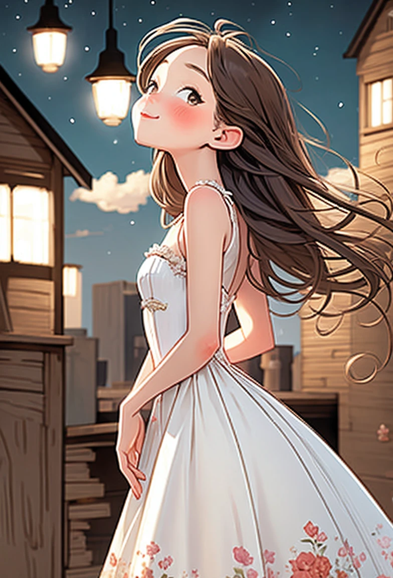 (best quality, HD, masterpiece:1.2,), illustration, night, 1 Girl, whole body, (Wedding dress), Arms behind your back, Waiting for a kiss, Looking at the audience, Happy, blush,