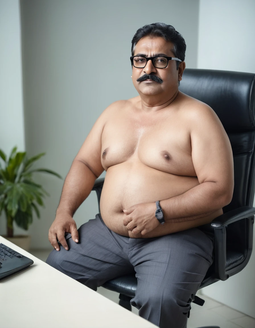 Man, Indian, 50 years old, Fat, Chubby, wearing glasses, Shirtless, a shirt unbutton, Unbutton your shirt, Unbutton, Shirtless, sitting in a chair, office, looking to the left, Top view, sharp image, beautiful lighting.