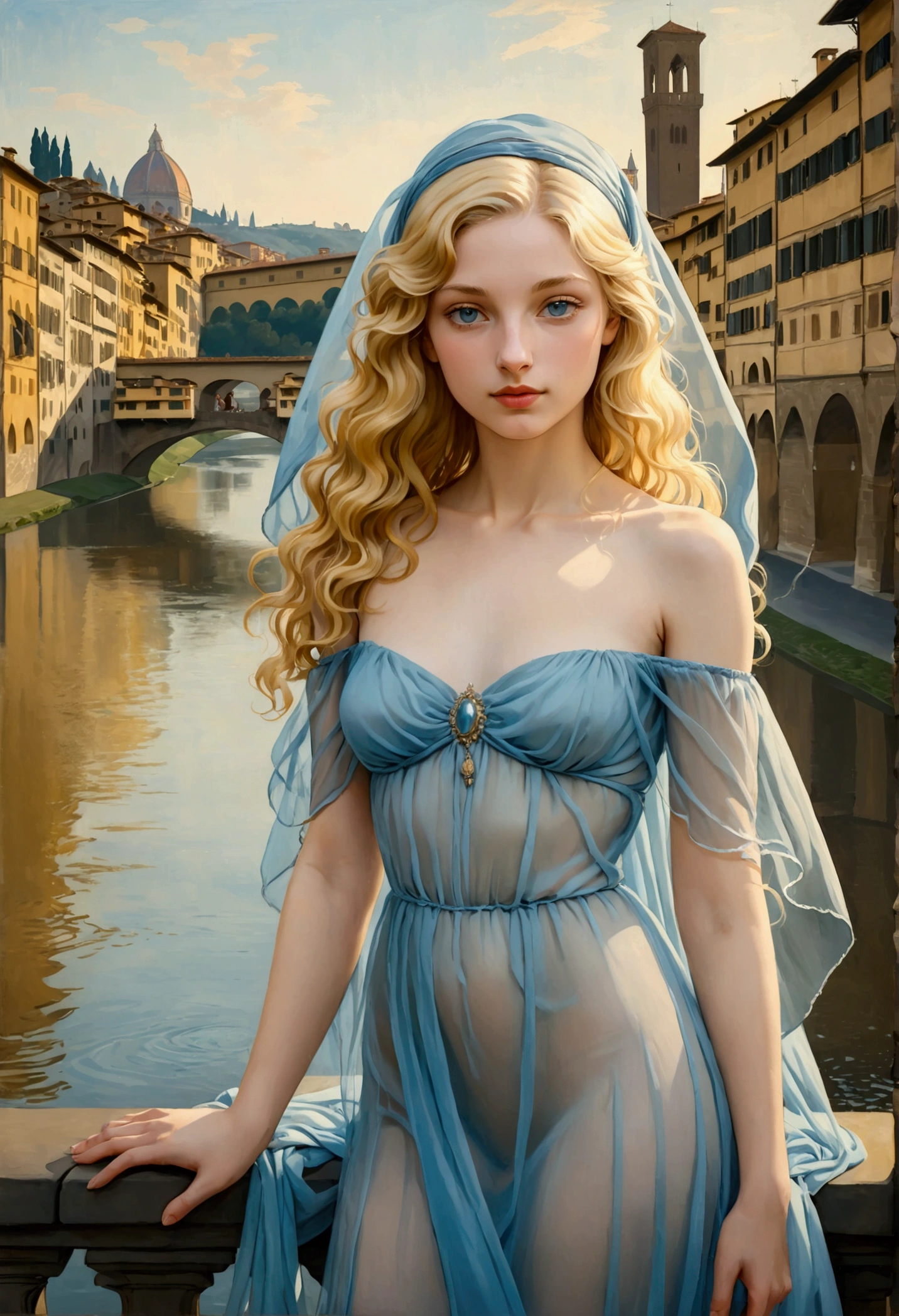 full portrait of a young and pretty woman painted in the style of Botticelli, the young woman is naked wearing a pale blue transparent veil dress, bare shoulders, she is blonde, her hair is wavy, the period is the Renaissance, the background reveals the Ponte Vecchio in Florence