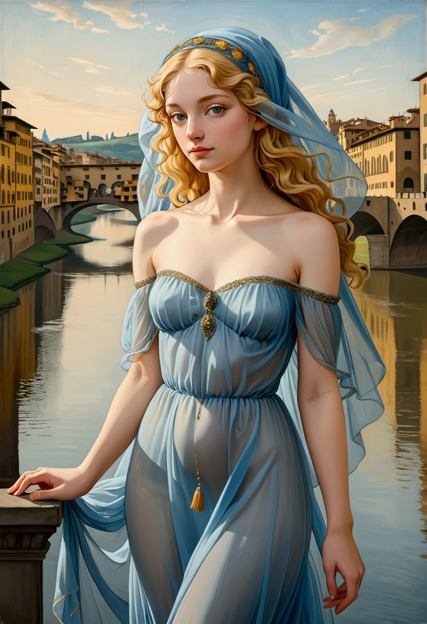 full portrait of a young and pretty woman painted in the style of Botticelli, the young woman is naked wearing a pale blue transparent veil dress, bare shoulders, she is blonde, her hair is wavy, the period is the Renaissance, the background reveals the Ponte Vecchio in Florence