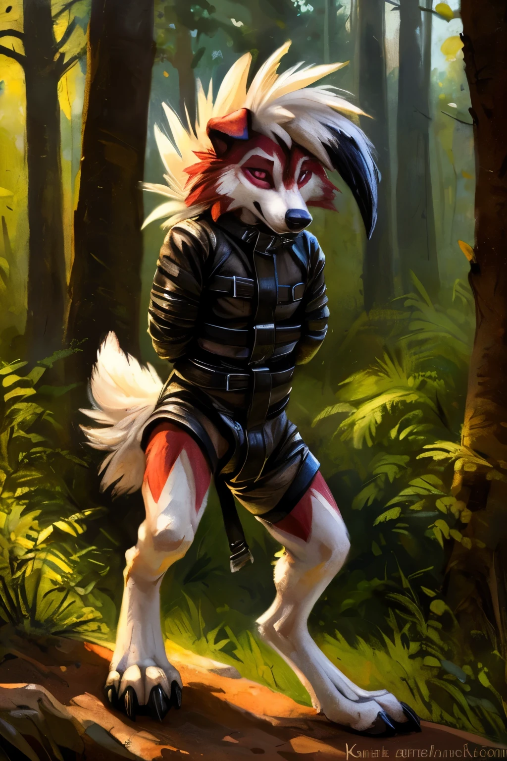 High quality photo, (full length portrait of male lycanroc in straitjacket), looking at the viewer, Alone, forest, nature, detailed background, depth of field, by Kenket