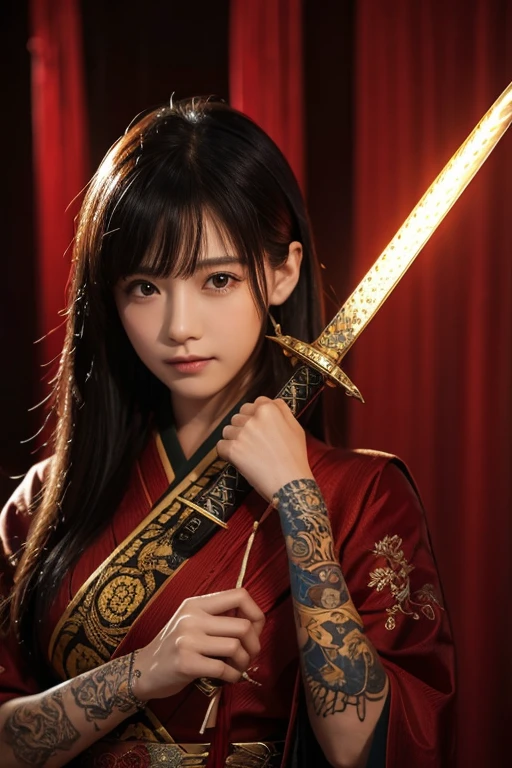 Highest quality、High resolution、Very detailed、Detailed Background、A beautiful 27 year old woman、Warrior、dragon tattoo on arm、Japanese sword(Blade length: 2 feet 4 inches、Handle length 25cm、The part is woven with red and black threads..、The swallow is golden)、Japanese sword、Sharp eyes、enemy'Blood is flowing to my cheeks、In the woods、Armor and helmet from the Sengoku period、(Red and gold costume)、blonde、short hair、Realistic Face、Swing your sword down、Delicate eyes、Laugh a little、Like a fight scene in a live-action movie、More realistic battle scenes、On the cheeks、enemyWarriorの返り血、Burning castle in the background、Sparks fly、Japanese sword(Masamune Meiji)Hold with both hands、