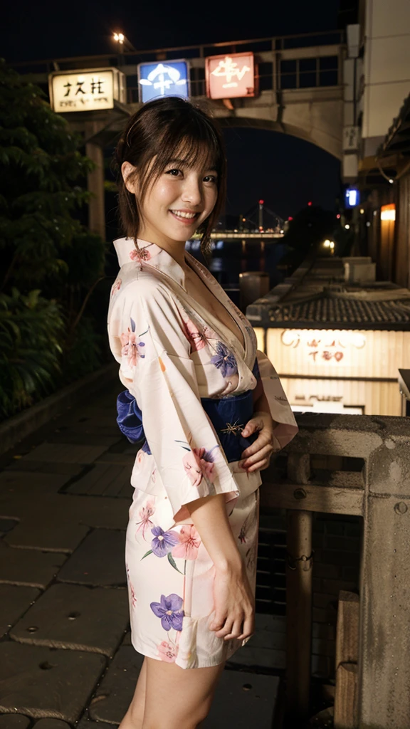 osaka city reference, city street with a river and a bridge at night and cruiser ship at middle of river, japanese city at night, japanese neon signs, japan at night, japanese city, glowing light, Bird eye view: A woman looking at the river、big breasts 、cleavage 、yukata、young woman、Japanese、cute、Laughing with mouth open、Bright expression、Cute yukata outfit、ボートに乗っている、