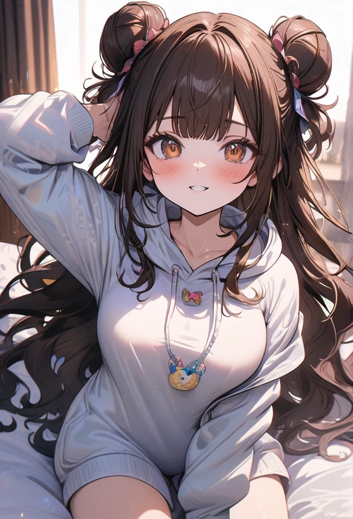 (masterpiece), best quality, very aesthetic, newest, absurdres, detailed, high quality
BREAK
highest quality, top quality, details, highres, ultra fine painting, digital art, official art, splash art, cinematic, 4k, 8k resolution, 8K CG wallpaper, original artwork, detailed background, High Dynamic Range, lens flare, blurry background, Starburst effects, crepuscular rays, good ISO, high resolution, wide shot, from far away, POV, sharp focus, light reflection, reflections, intricate details, soft light, particle noise, professional photography, bokeh, depth of field, studio lighting, vibrant colors, detailed lights and shadows, stylish, ultra-detailed, top rated on Pixiv, trending on Artstation, niji style, master crafted, pose
BREAK
solo, (close up), from above, 1girl, pale skin, correct fingers, detailed hand, (big toned breasts:1.2), big thighs, small torso, short body, flushtered, blush, anxious expression, embarassed, embarassed act, casual, slim, ((cute, childlike face):1.3), nice body, nice hips, brown hair, (very long flowing hair, 2 buns hairstyle), long bangs, long hair, middle hair bangs, brown eyes
BREAK
(visible body curves, (a one-piece oversized hoodie), comfortable vibe)
BREAK
((Full bed sheets background, the subject is in a laying down position on the bed with her head placed on a pillow)), messy bedsheets, pillows