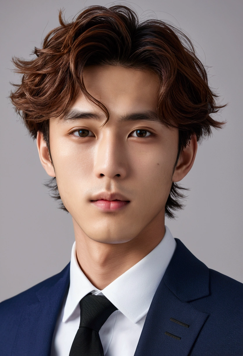 Highest quality, masterpiece, Ultra-high resolution, (Realistic: 1.4), Original photo, wallpaper, Head Photo, skin, Simple Background, iris, detailed, Selfie, 1 boy, 20-year-old, good looking, Wind,suit、Japanese
