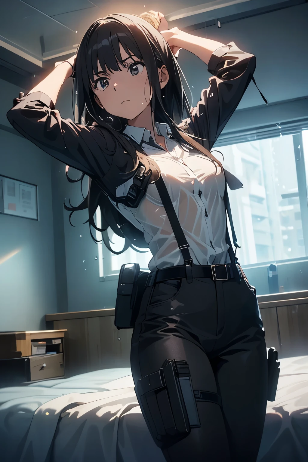 1 female, , high quality, masterpiece, Ultra-high resolution, , Cinema Lighting, , , And the suspenders with the cranes flying Large Breasts Small face holster Lying in bed Looking up Sweat belt summer 脇Sweat Black Hole Gloves suit shirt Black jacket Black trousers Leg Links ズボンにbelt holster Hands behind your back Anxious expression Looking up Anxious face, legs apart Armament Handgun handcuffs Cable ties レッグholster holster See-through clothing heavy rain Getting wet in the rain