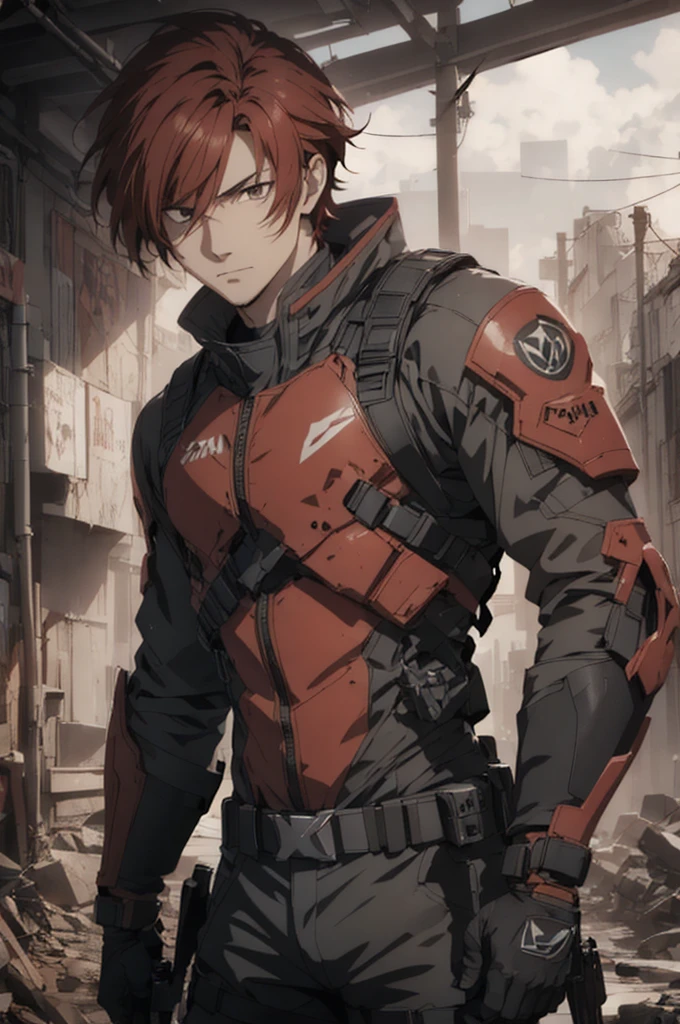 1man, handsome, red hair, wearing combat suit, ultra high resolution, best quality, masterpiece, rtx,ray tracing, 4k, top quality, highly detailed, official art, stunning visuals 