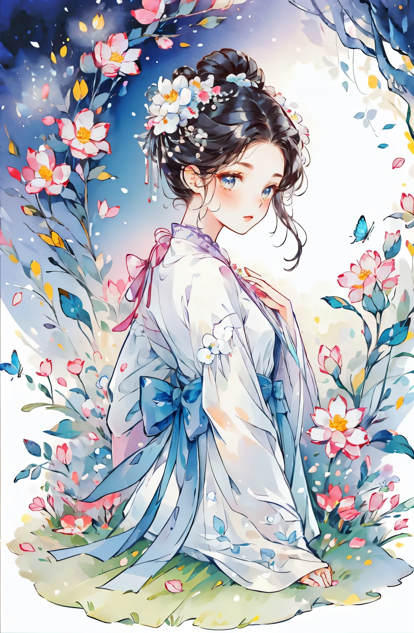 1 sister, alone, looking at the audience, Blushed, background with, black hair color hair, hair accessories, long sleeve, White background, Everlasting, Full body female love, flowers bloom, tender, hair flower, bun, Butterfly, masterpiece, recent quality, best details, clear facial features, beautiful eyes