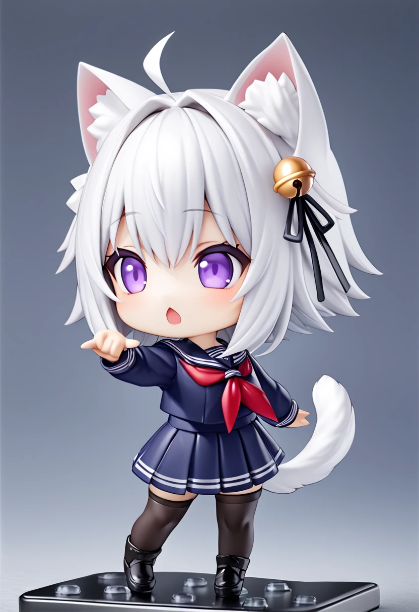 master piece, best quality, ultra-detailed, illustration, 1girl, solo, chibi, (big head), cute pose, Filiansailor, white hair, short hair, cat ears, ahoge, ((purple hairclip)), hair bell, purple eyes, open mouth, fluffy tail, ((serafuku)), red neckerchief, blue skirt, black stockings, black shoes, nendoroid, ((simple white background)), 