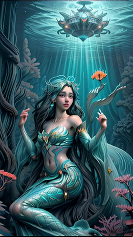 Create a digital artwork titled "Eternal Serenity" that captures a breathtaking, surreal underwater world. Imagine an expansive underwater landscape illuminated by the gentle, ethereal glow of bioluminescent marine life. The scene should feature an ancient, majestic sunken city with intricate, overgrown ruins, evoking a sense of timeless mystery and wonder. 

In the foreground, depict a graceful mermaid queen adorned with delicate, shimmering scales and flowing, iridescent hair. She holds a trident encrusted with precious gems, symbolizing her reign over this underwater kingdom. Surround her with a diverse array of fantastical sea creatures, from luminous jellyfish to vibrant schools of exotic fish, each contributing to the otherworldly ambiance.

The background should transition into the deep ocean, with beams of sunlight piercing through the water, creating a mesmerizing interplay of light and shadow. Incorporate elements like ancient, coral-covered statues and treasure chests, hinting at the rich history and untold stories buried within this underwater paradise.

