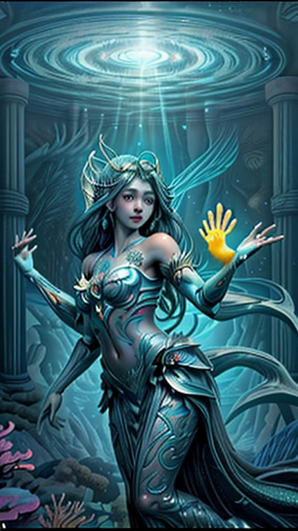 Create a digital artwork titled "Eternal Serenity" that captures a breathtaking, surreal underwater world. Imagine an expansive underwater landscape illuminated by the gentle, ethereal glow of bioluminescent marine life. The scene should feature an ancient, majestic sunken city with intricate, overgrown ruins, evoking a sense of timeless mystery and wonder.
In the foreground, depict a graceful mermaid queen adorned with delicate, shimmering scales and flowing, iridescent hair. She holds a trident encrusted with precious gems, symbolizing her reign over this underwater kingdom. Surround her with a diverse array of fantastical sea creatures, from luminous jellyfish to vibrant schools of exotic fish, each contributing to the otherworldly ambiance.
The background should transition into the deep ocean, with beams of sunlight piercing through the water, creating a mesmerizing interplay of light and shadow. Incorporate elements like ancient, coral-covered statues and treasure chests, hinting at the rich history and untold stories buried within this underwater paradise.