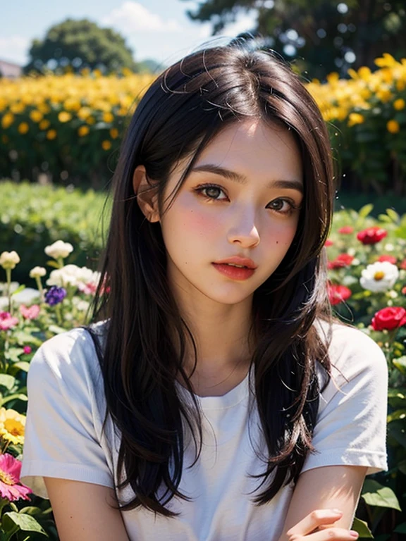 realistic, 1 girl, dark hair, Dark brown eyes, bright eyes, blush, Cute, USA, day, flowers.  