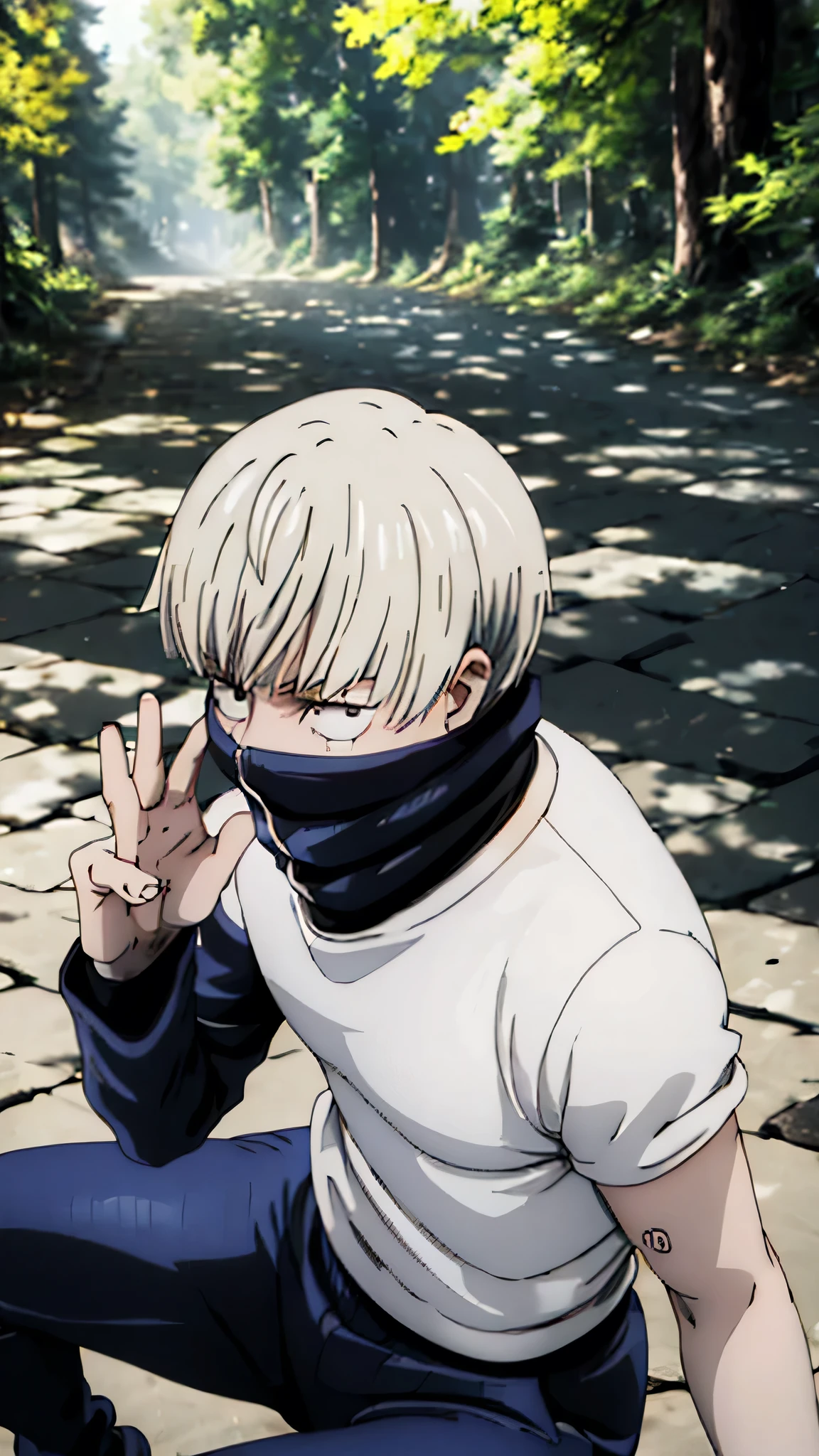 photo of the 21 year old male character, an anaime named "toge inumaki" in the film "jujutsu kaisen" with white hair, small circular black lines on both cheeks, jujutsu kaisen shirt with a long collar closed to the mouth black, and black trousers black, white shoes, sitting on roof tiles, with the effect of flying leaves, with a rustic feel. with the appearance of the photo being very clear, such as the eyeballs, costumes, body position and fingers.