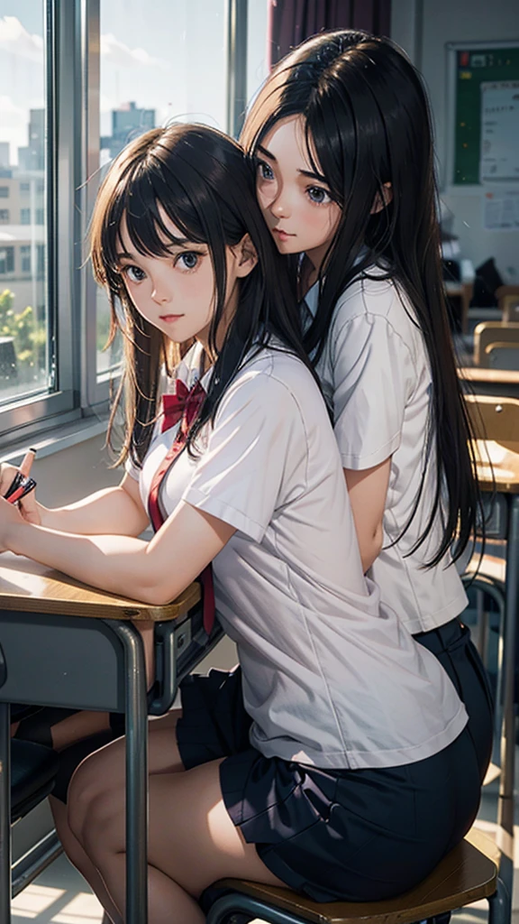 a young couple in a school classroom, girl wearing tight clothes he studying at a desk, morning sunlight streaming through windows,